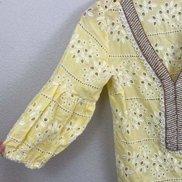 Chico’s Boho Embroidered and Beaded Yellow Cotton Blouse Top Size 4/6 Petite - Picture 3 of 9